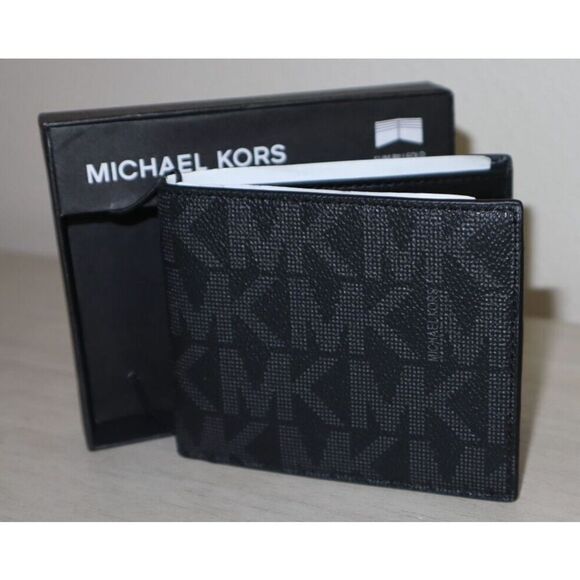 Michael Kors 86F2SMNF5B Mens Jet Set Black Logo Slim Billfold Leather Wallet $98 - Picture 4 of 8